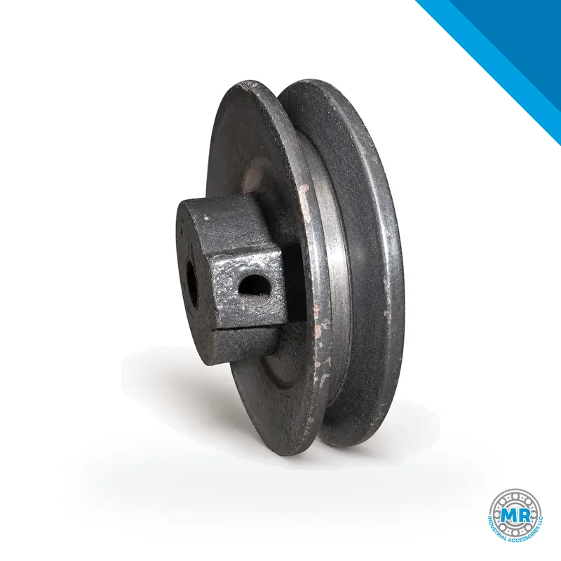 Single-groove pulley, cylindrical metal body with V-groove and central bore for shaft mounting · EMMAR POLEA 100 1A