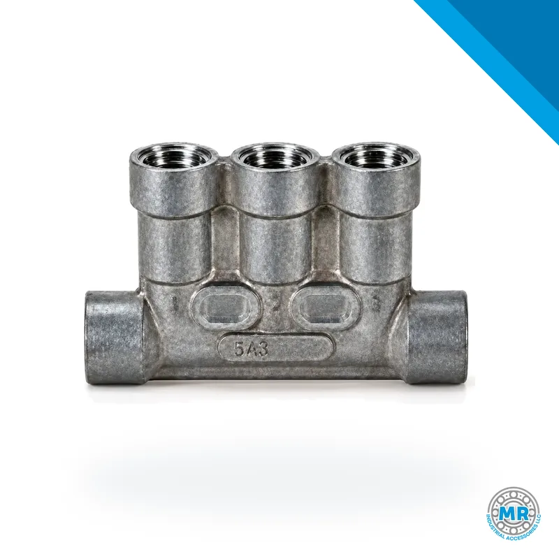 Cylindrical metal piston distributor with multiple threaded outlets · SKF LL/343-400-55500-ZZ