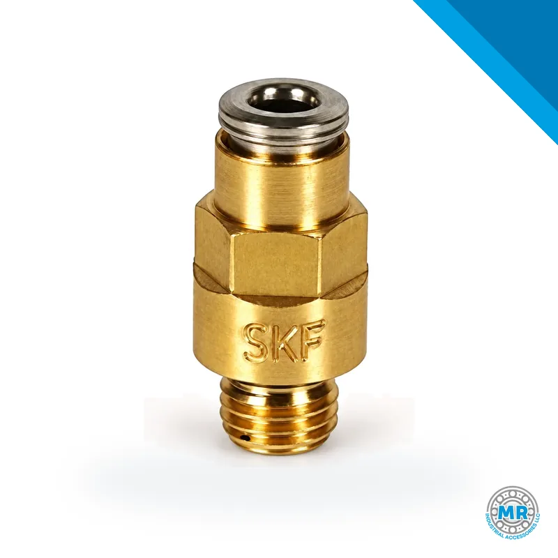 Straight metal connector with M8 thread and quick-connect inlet for 4 mm tube · SKF LL/404-003-VS