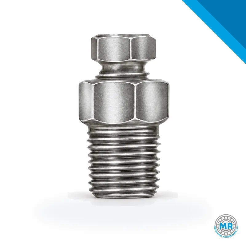 Steel connector for 1/8 inch tube, hexagonal body and threaded end · SKF LL/66415