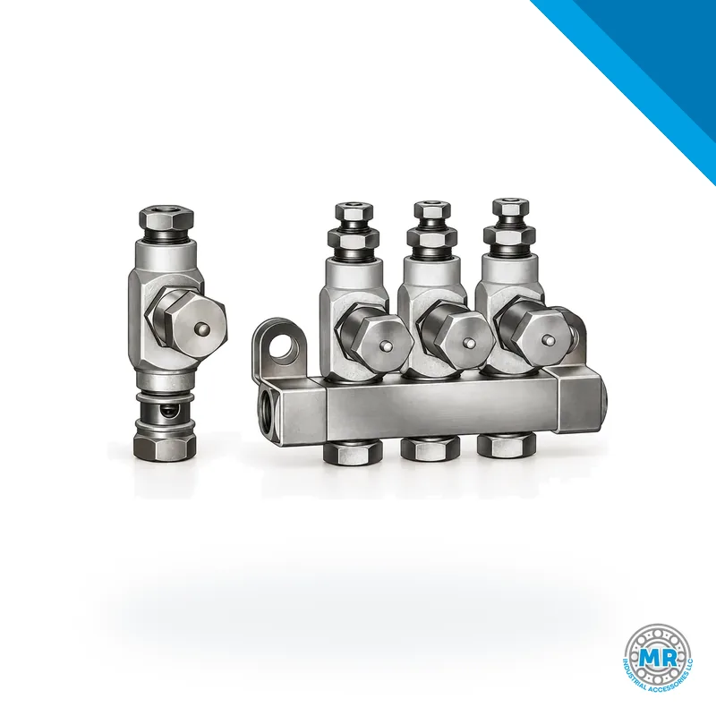 Inyector de aceite metálico alargado con cuerpo cilíndrico y conexiones roscadas · SKF LL/83311-6