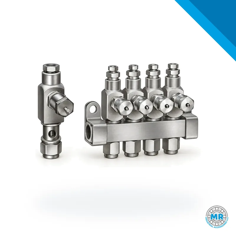 Oil injector with cylindrical metal body and lateral threaded connections · SKF LL/83661-2