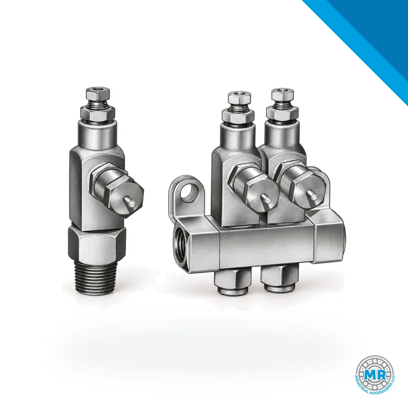 Compact metal grease injector with cylindrical body and threaded ports · SKF LL/83724-2