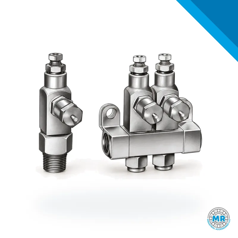 Compact metal grease injector with cylindrical body and threaded ports · SKF LL/83724-4