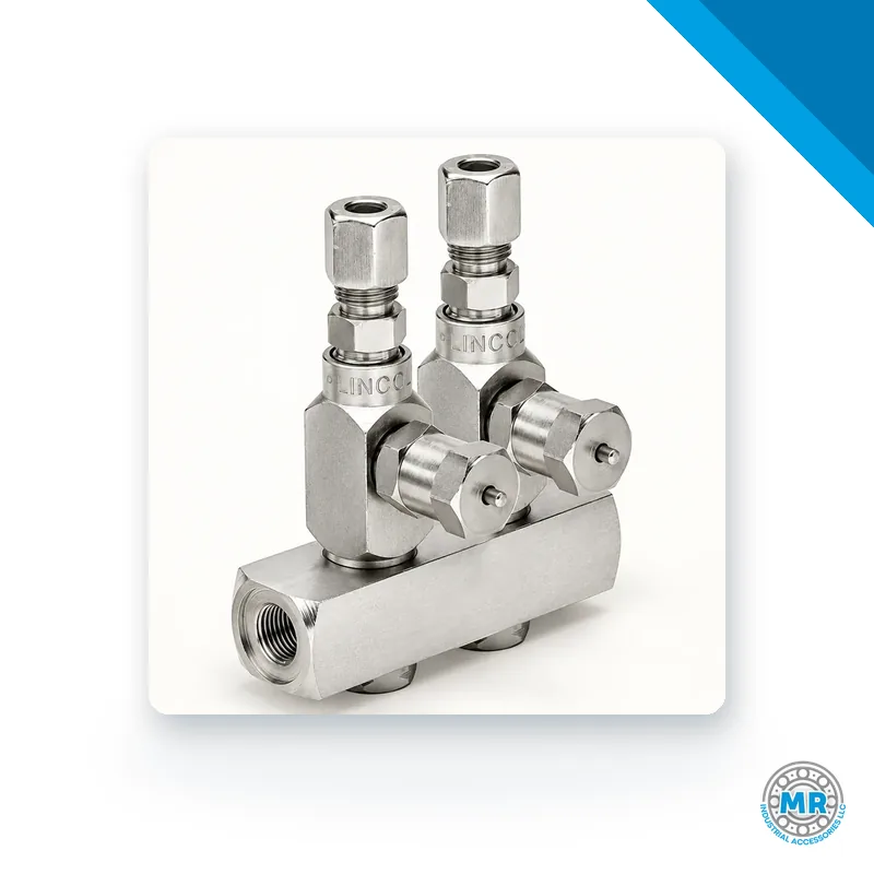 Inyector métrico de acero para sistema de lubricación centralizada, cuerpo cilíndrico con roscas y conexiones. · SKF LL/85352-2