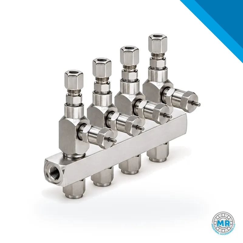 Four-outlet grease manifold for centralized lubrication, metal block with connections. · SKF LL/85353-4