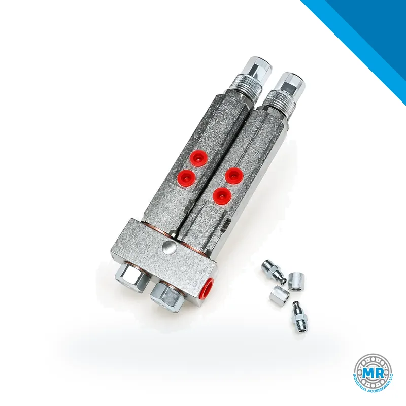 Steel grease manifold distributor with two injectors mounted on a rectangular body · SKF LL/85770-2