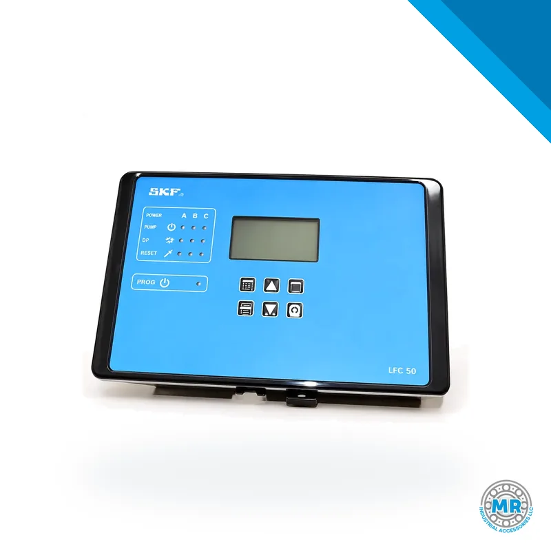 Centralized lubrication controller with digital display and keypad, mounted in metal cabinet · SKF LL/86501