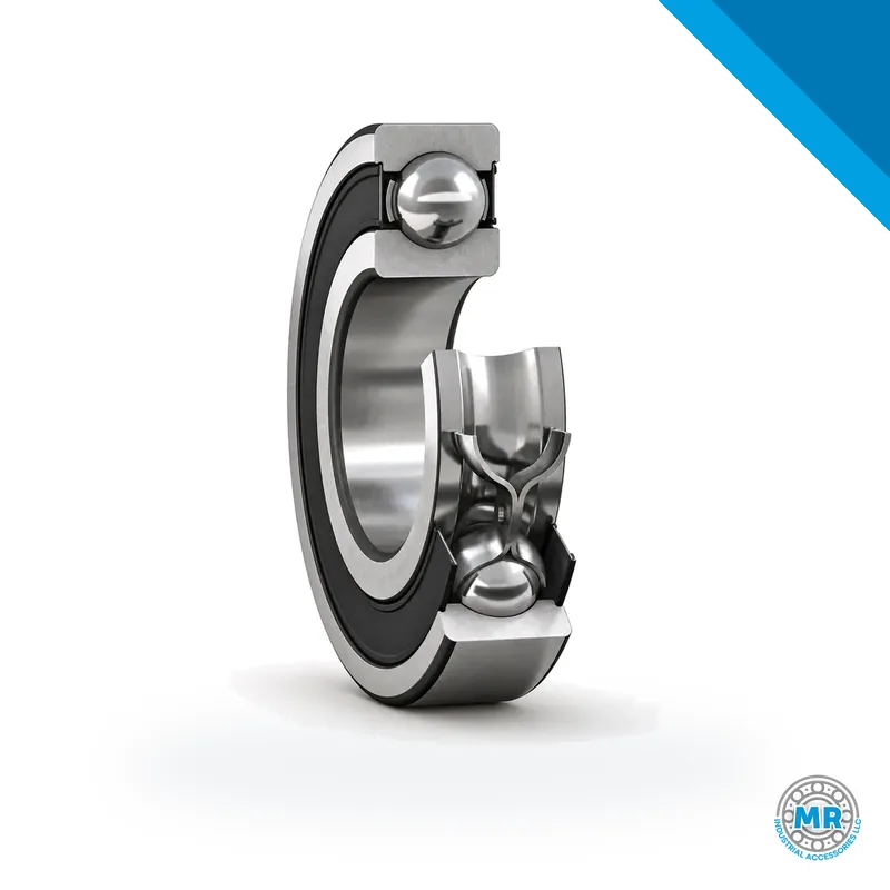 Deep groove ball bearing with 2RS rubber seals, cutaway view · SKF 210-RS1