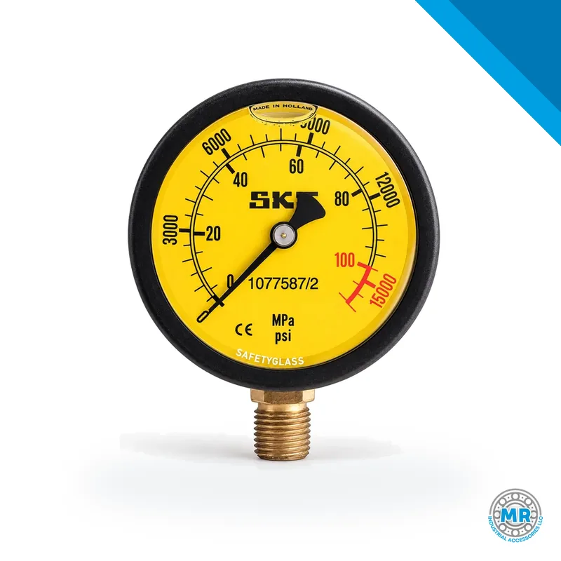 Analog hydraulic gauge with yellow dial, 0 to 100 MPa · SKF 1077587/2
