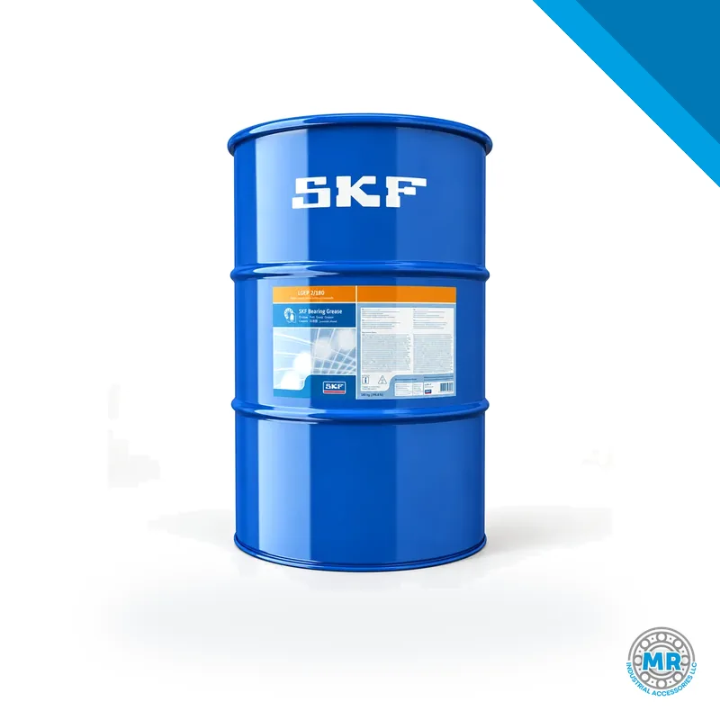 Black industrial lubricating grease tub with blue label and screw cap · SKF LGEP 2/180